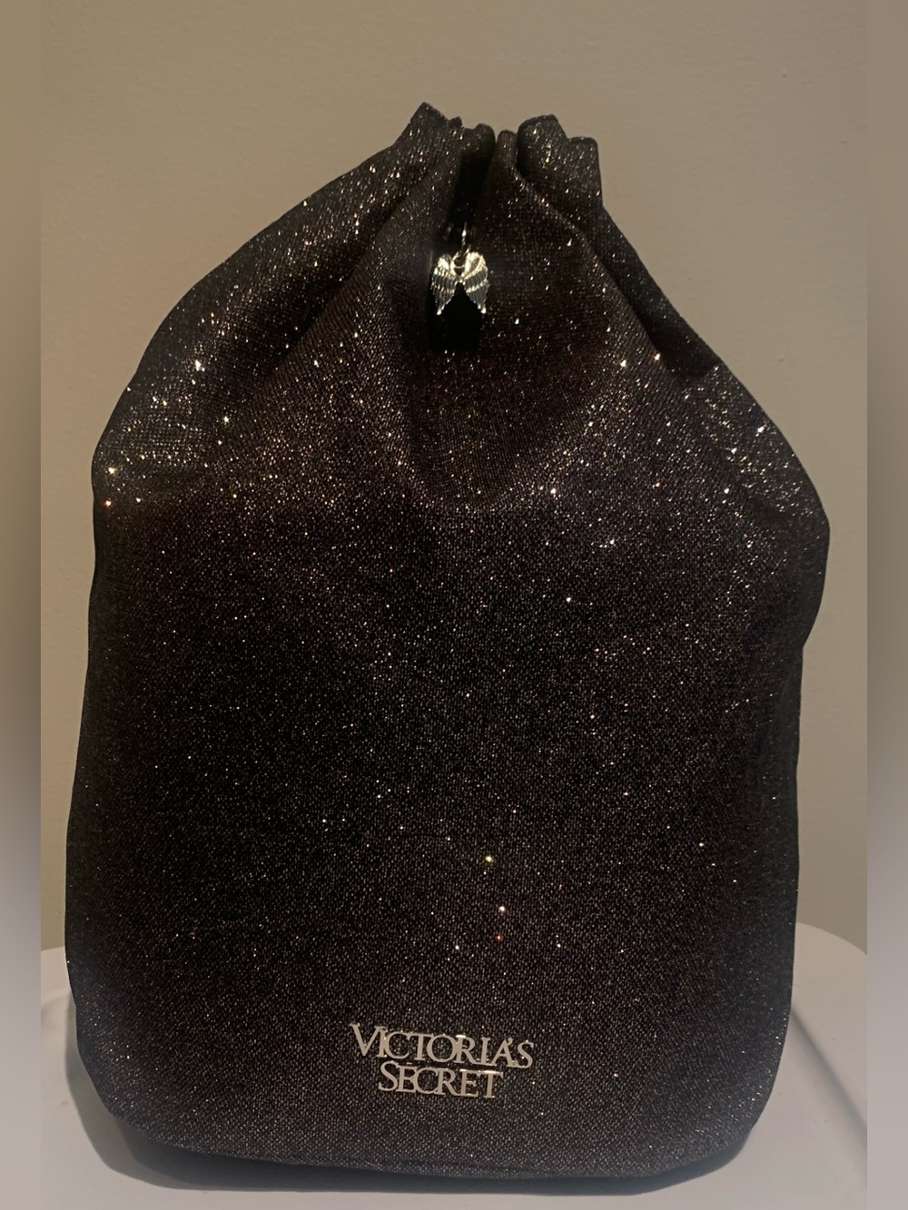 Victoria's Secret Black Sparkle Drawstring Pouch Bag Backpack